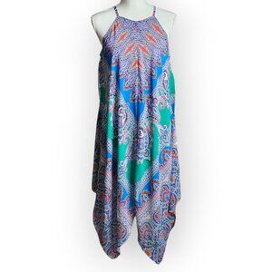 MSK Green Blue Pink White Paisley Boho Festival Midi Dress. US Size M.